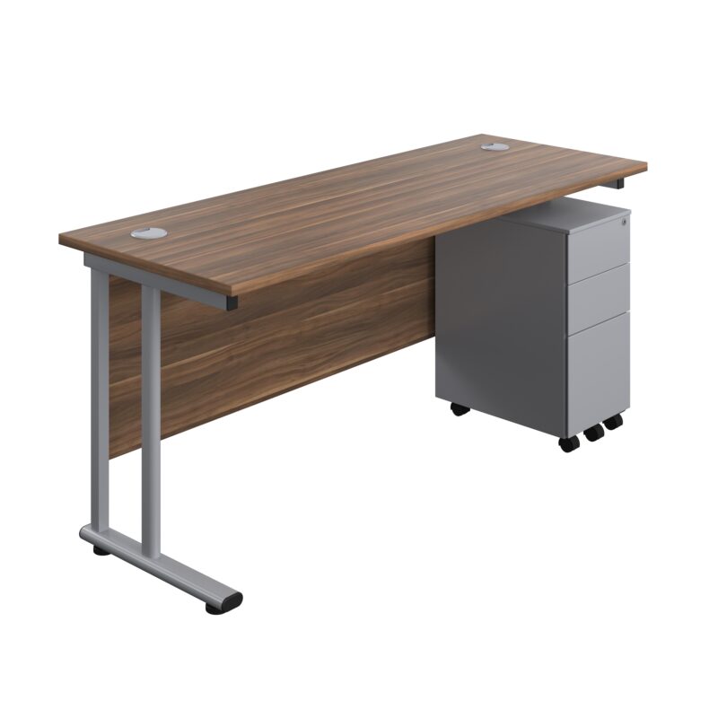 Twin Upright Rectangular Desk + Slimline Steel Pedestal 3 Drawers | 1600X600 | Dark Walnut/Silver