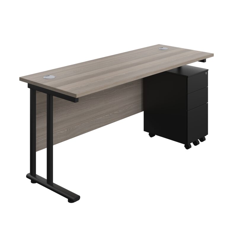 Twin Upright Rectangular Desk + Slimline Steel Pedestal 3 Drawers | 1600X600 | Grey Oak/Black