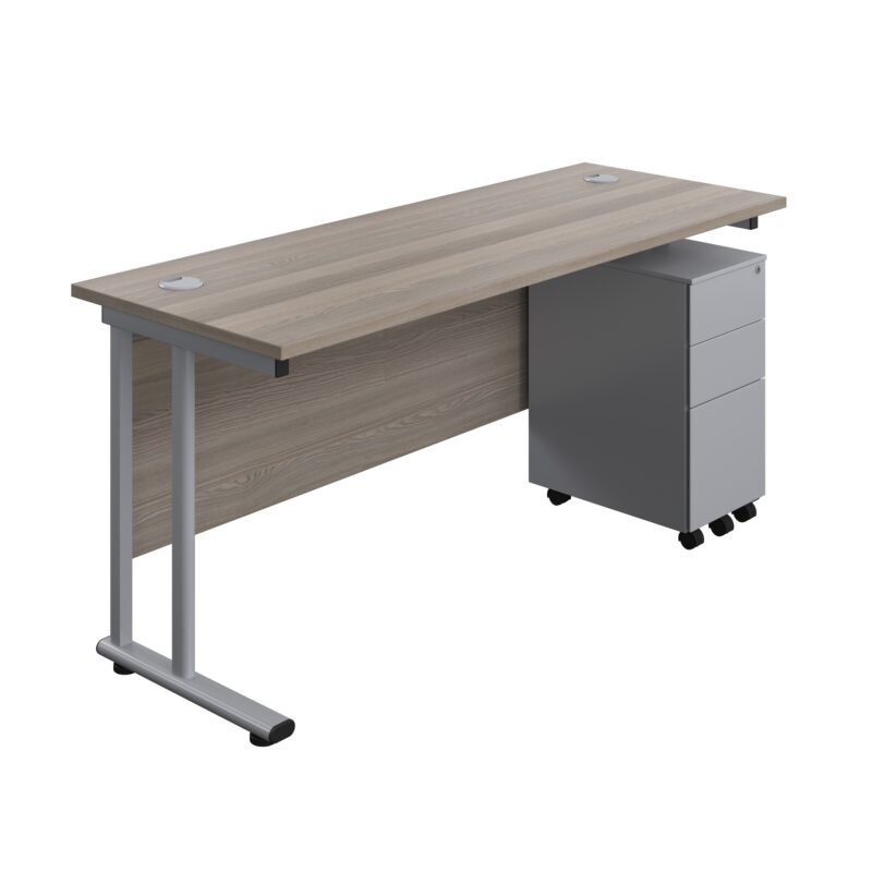 Twin Upright Rectangular Desk + Slimline Steel Pedestal 3 Drawers | 1600X600 | Grey Oak/Silver