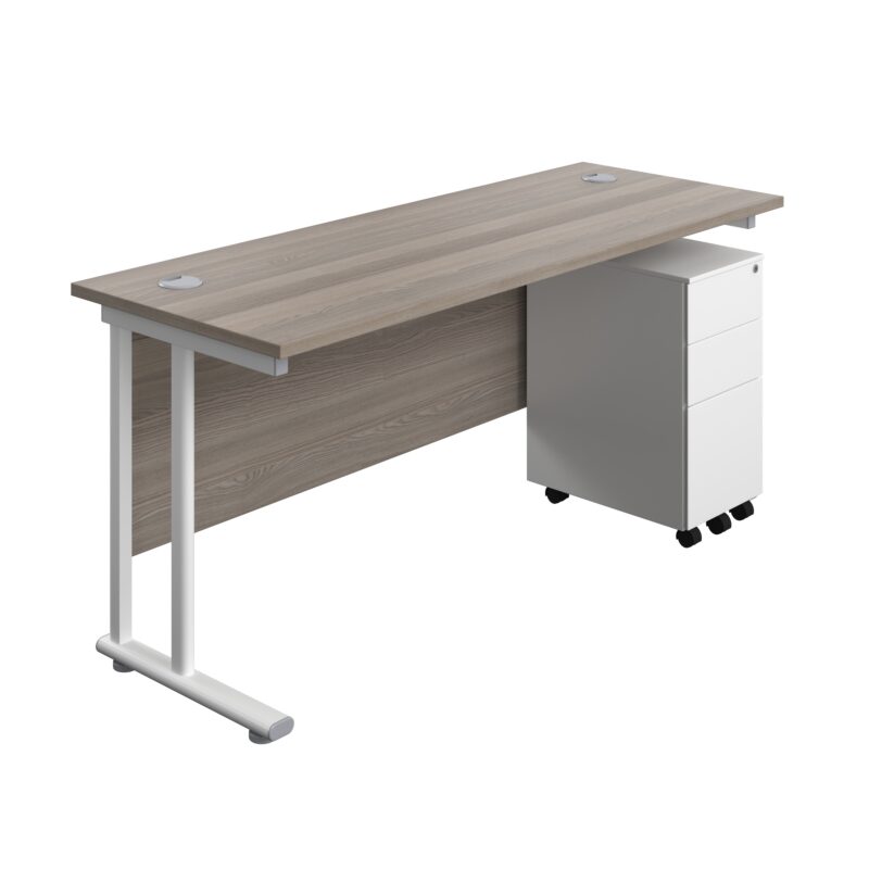 Twin Upright Rectangular Desk + Slimline Steel Pedestal 3 Drawers | 1600X600 | Grey Oak/White