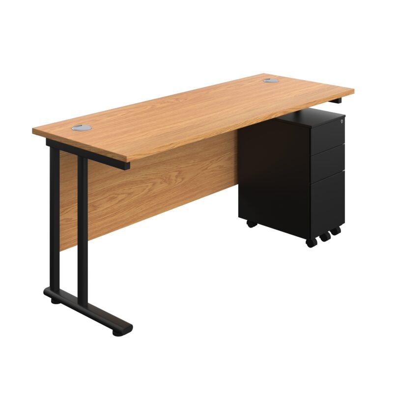 Twin Upright Rectangular Desk + Slimline Steel Pedestal 3 Drawers | 1600X600 | Nova Oak/Black