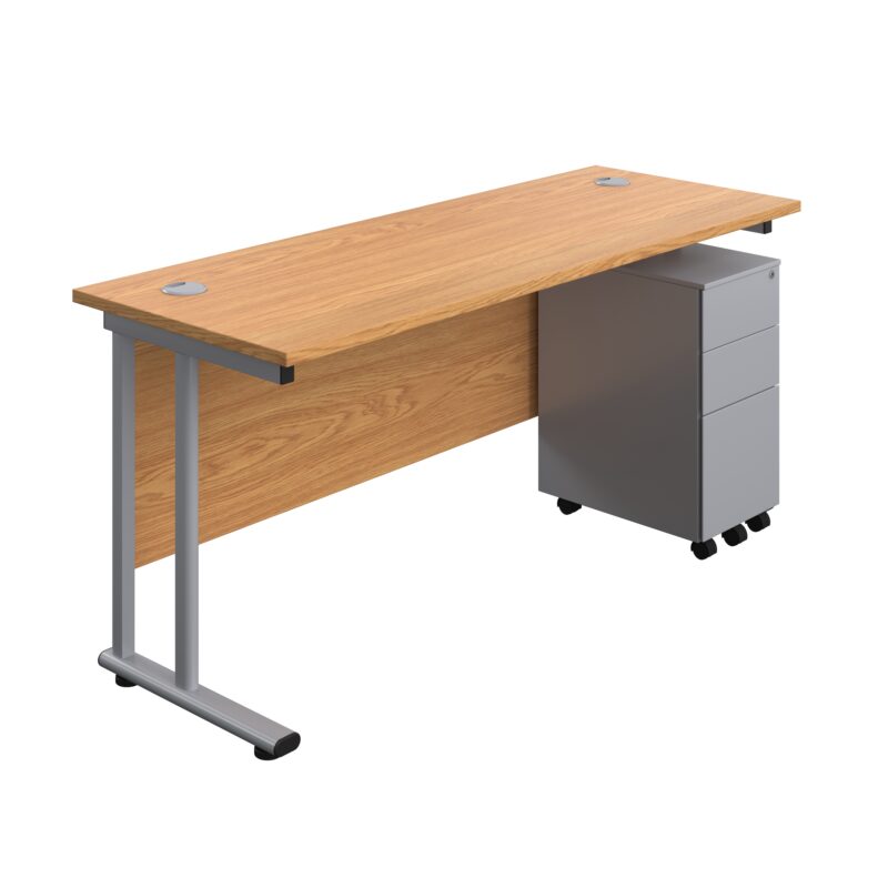 Twin Upright Rectangular Desk + Slimline Steel Pedestal 3 Drawers | 1600X600 | Nova Oak/Silver