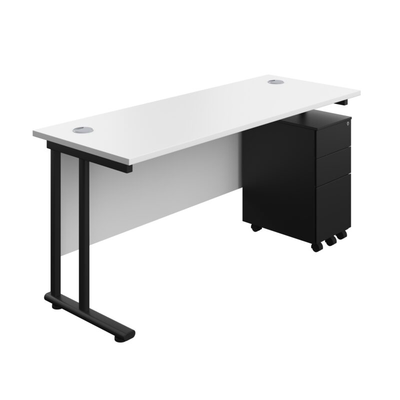 Twin Upright Rectangular Desk + Slimline Steel Pedestal 3 Drawers | 1600X600 | White/Black