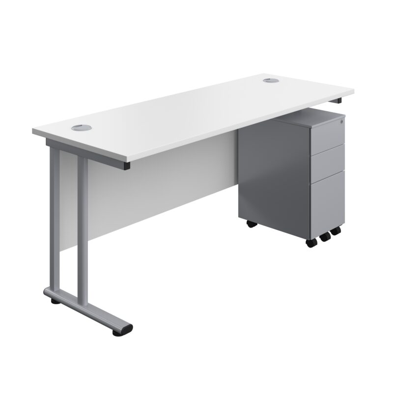 Twin Upright Rectangular Desk + Slimline Steel Pedestal 3 Drawers | 1600X600 | White/Silver