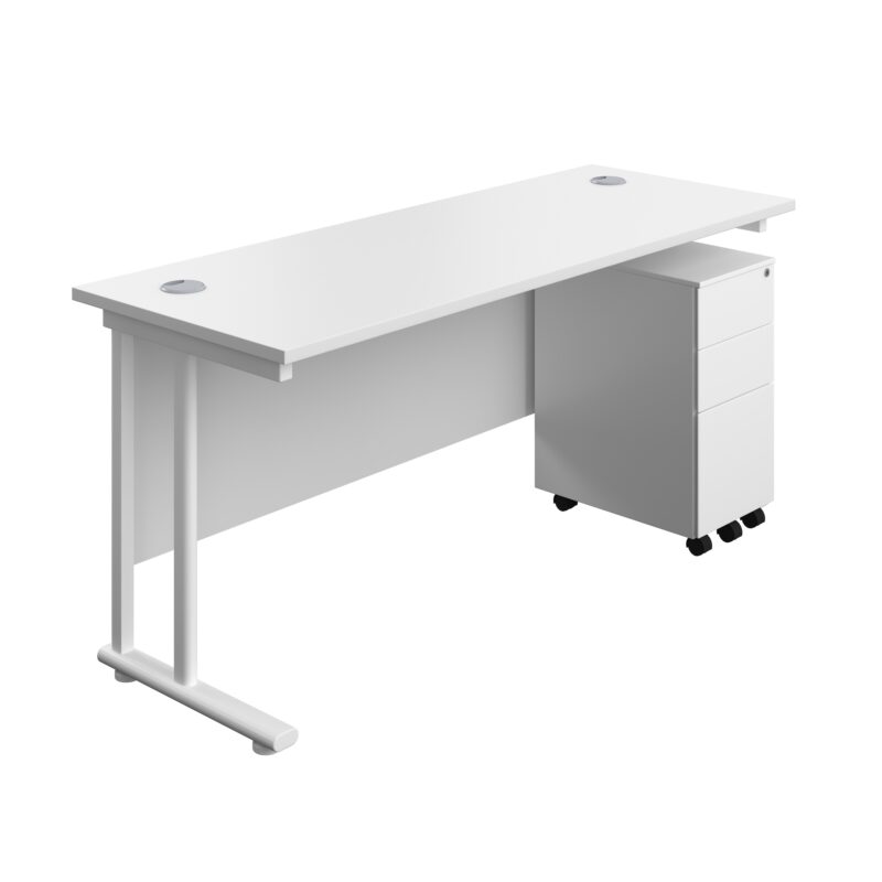 Twin Upright Rectangular Desk + Slimline Steel Pedestal 3 Drawers | 1600X600 | White/White