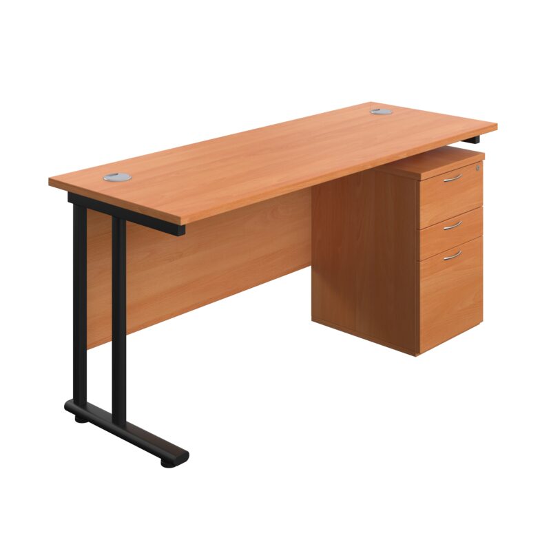 Twin Upright Rectangular Desk + High Mobile Pedestal 3 Drawer | 1600X600 | Beech/Black