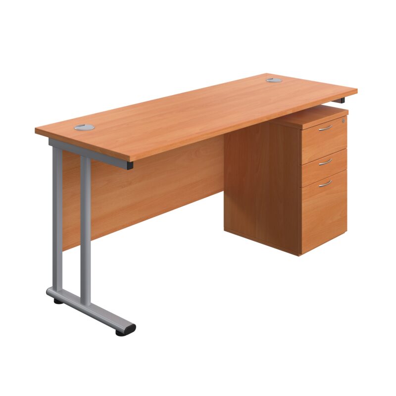 Twin Upright Rectangular Desk + High Mobile Pedestal 3 Drawer | 1600X600 | Beech/Silver