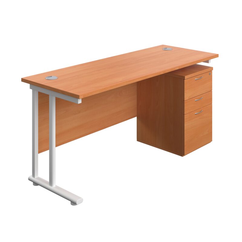 Twin Upright Rectangular Desk + High Mobile Pedestal 3 Drawer | 1600X600 | Beech/White