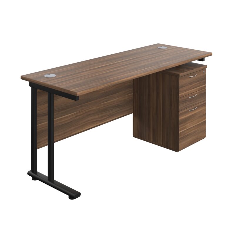 Twin Upright Rectangular Desk + High Mobile Pedestal 3 Drawer | 1600X600 | Dark Walnut/Black