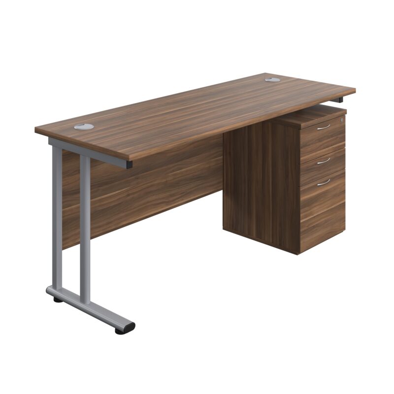 Twin Upright Rectangular Desk + High Mobile Pedestal 3 Drawer | 1600X600 | Dark Walnut/Silver