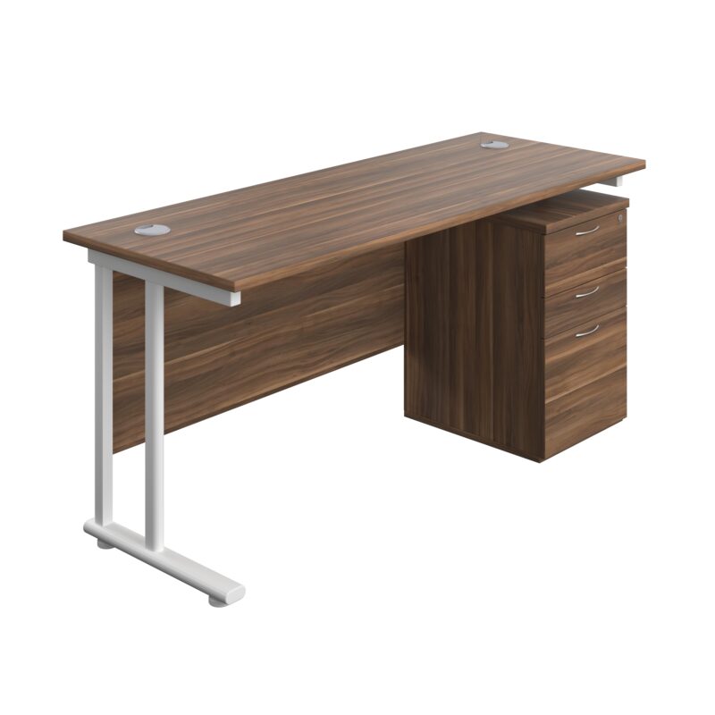 Twin Upright Rectangular Desk + High Mobile Pedestal 3 Drawer | 1600X600 | Dark Walnut/White