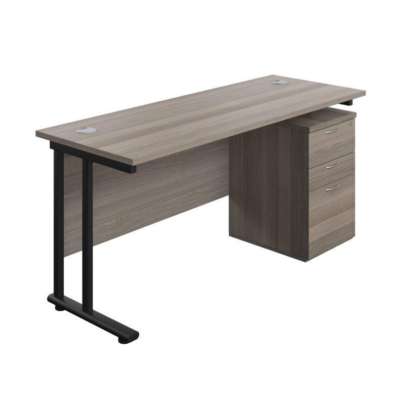 Twin Upright Rectangular Desk + High Mobile Pedestal 3 Drawer | 1600X600 | Grey Oak/Black