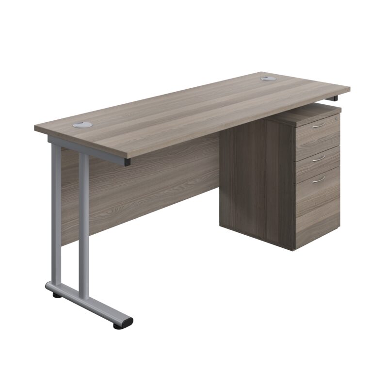 Twin Upright Rectangular Desk + High Mobile Pedestal 3 Drawer | 1600X600 | Grey Oak/Silver