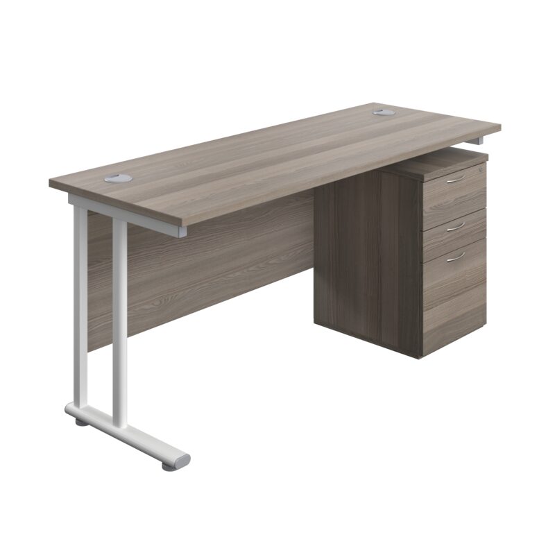 Twin Upright Rectangular Desk + High Mobile Pedestal 3 Drawer | 1600X600 | Grey Oak/White