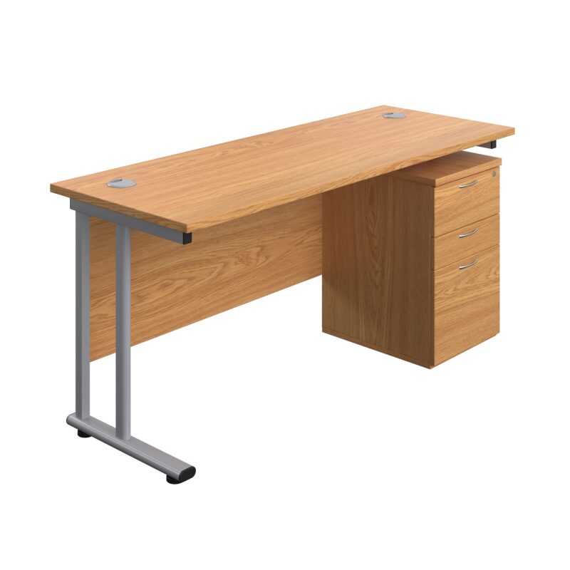 Twin Upright Rectangular Desk + High Mobile Pedestal 3 Drawer | 1600X600 | Nova Oak/Silver