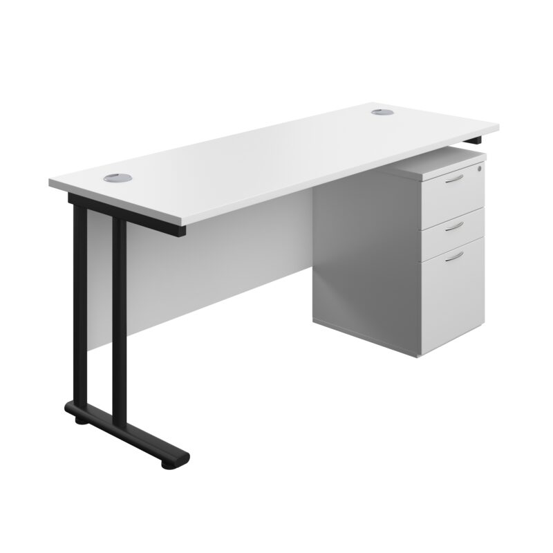 Twin Upright Rectangular Desk + High Mobile Pedestal 3 Drawer | 1600X600 | White/Black