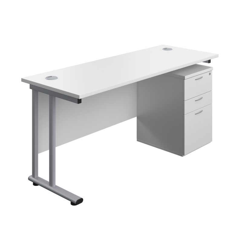 Twin Upright Rectangular Desk + High Mobile Pedestal 3 Drawer | 1600X600 | White/Silver