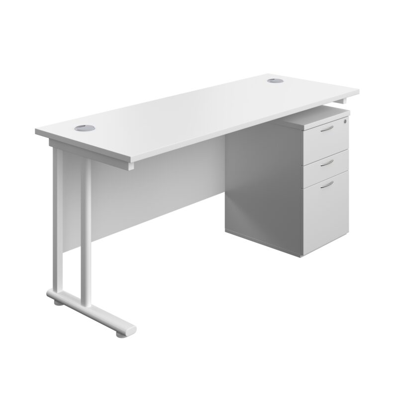 Twin Upright Rectangular Desk + High Mobile Pedestal 3 Drawer | 1600X600 | White/White