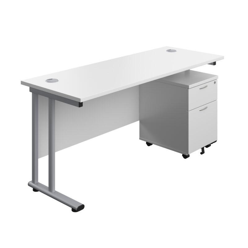 Twin Upright Rectangular Desk + Mobile 2 Drawer Pedestal | 1600X600 | White/Silver