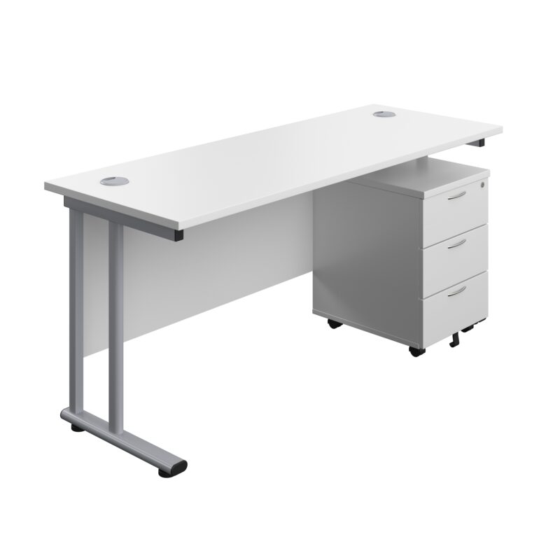 Twin Upright Rectangular Desk + Mobile 3 Drawer Pedestal | 1600X600 | White/Silver