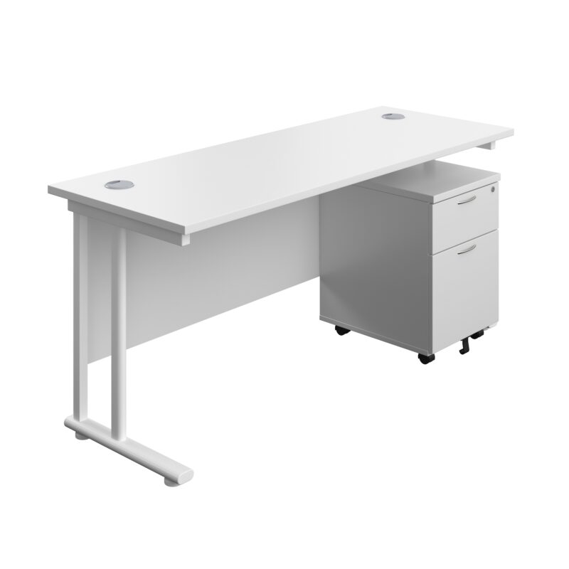 Twin Upright Rectangular Desk + Mobile 2 Drawer Pedestal | 1600X600 | White/White