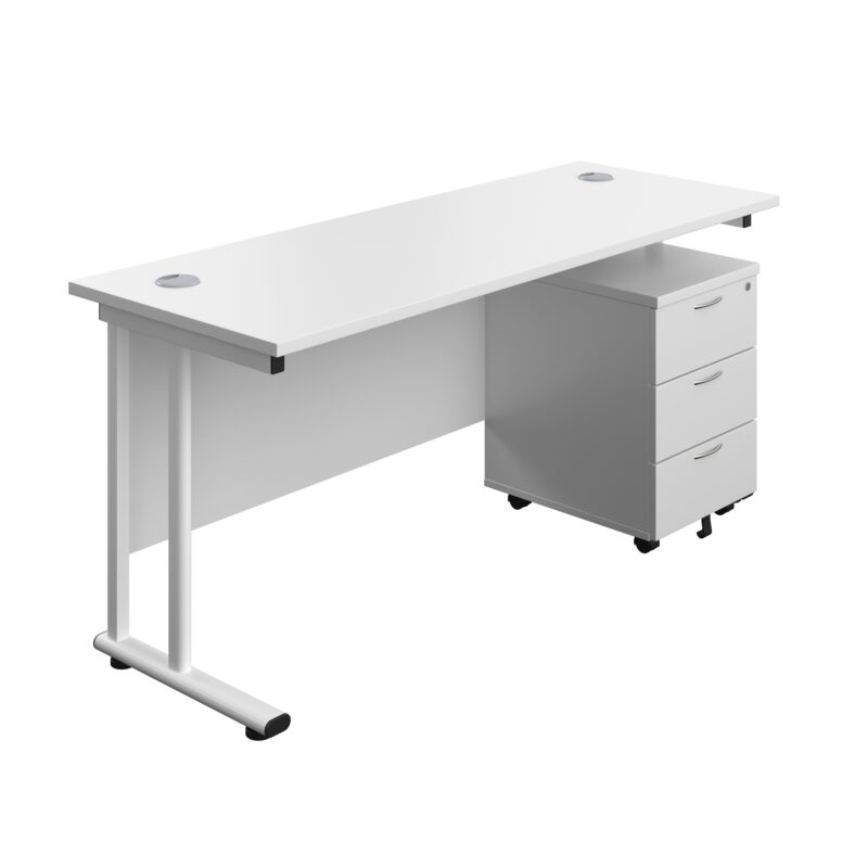 Twin Upright Rectangular Desk + Mobile 3 Drawer Pedestal | 1600X600 | White/White