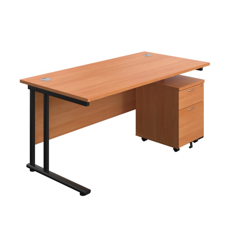 Twin Upright Rectangular Desk + Mobile 2 Drawer Pedestal | 1600X800 | Beech/Black