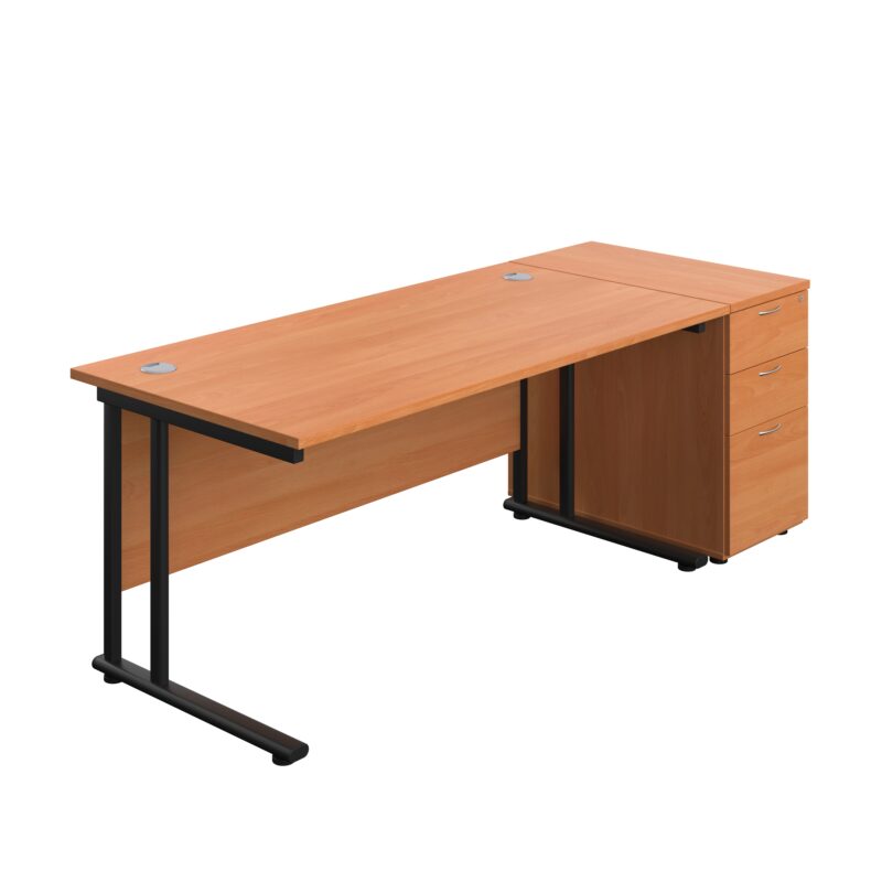 Twin Upright Rectangular Desk + Desk High 3 Drawer Pedestal | 1600X800 | Beech/Black