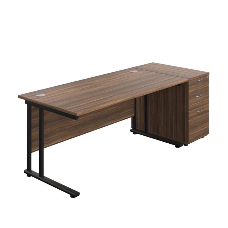 Twin Upright Rectangular Desk + Desk High 3 Drawer Pedestal | 1600X800 | Dark Walnut/Black