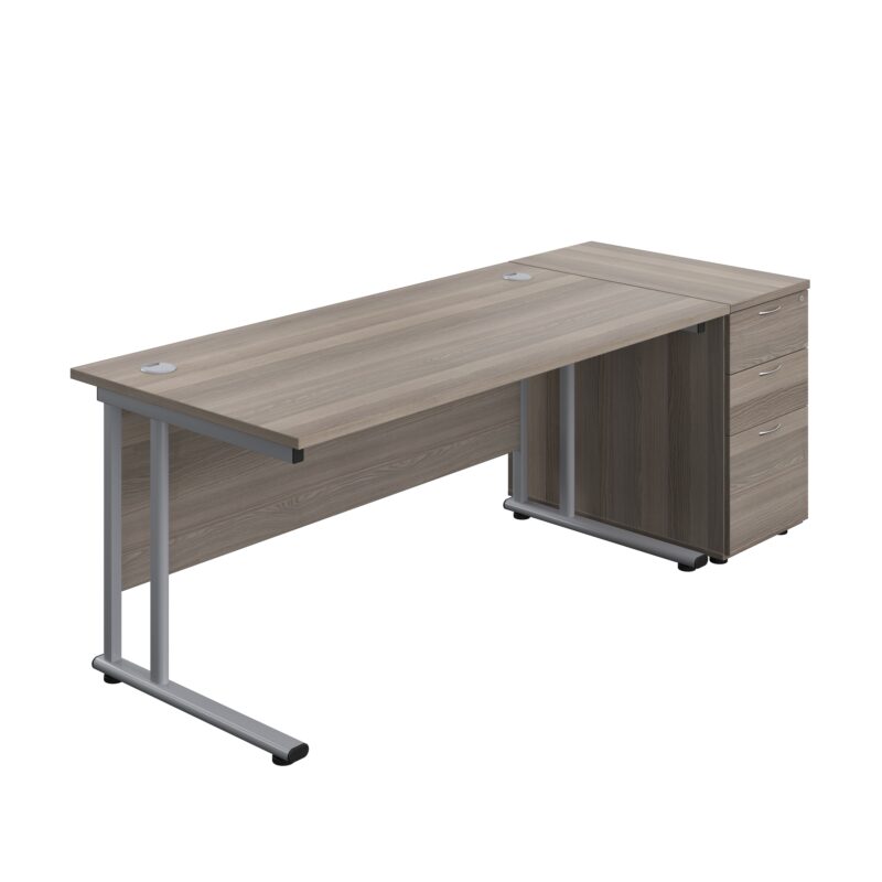 Twin Upright Rectangular Desk + Desk High 3 Drawer Pedestal | 1600X800 | Grey Oak/Silver