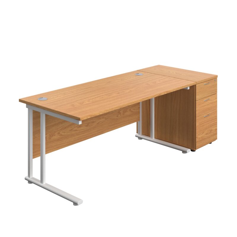 Twin Upright Rectangular Desk + Desk High 3 Drawer Pedestal | 1600X800 | Nova Oak/White