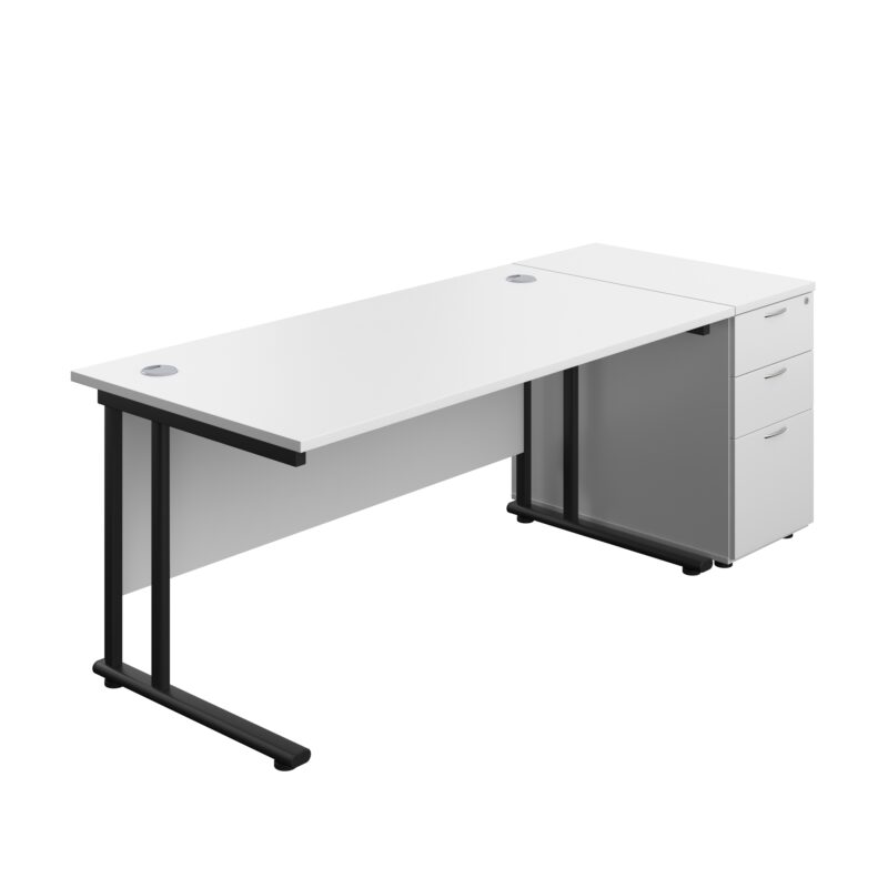 Twin Upright Rectangular Desk + Desk High 3 Drawer Pedestal | 1600X800 | White/Black