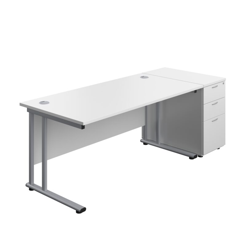 Twin Upright Rectangular Desk + Desk High 3 Drawer Pedestal | 1600X800 | White/Silver