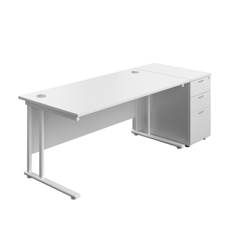 Twin Upright Rectangular Desk + Desk High 3 Drawer Pedestal | 1600X800 | White/White