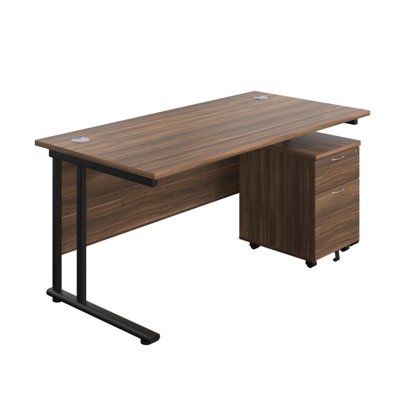 Twin Upright Rectangular Desk + Mobile 2 Drawer Pedestal | 1600X800 | Dark Walnut/Black