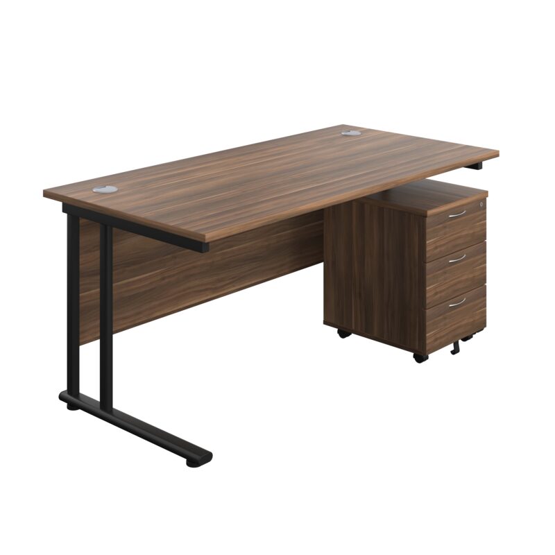 Twin Upright Rectangular Desk + Mobile 3 Drawer Pedestal | 1600X800 | Dark Walnut/Black