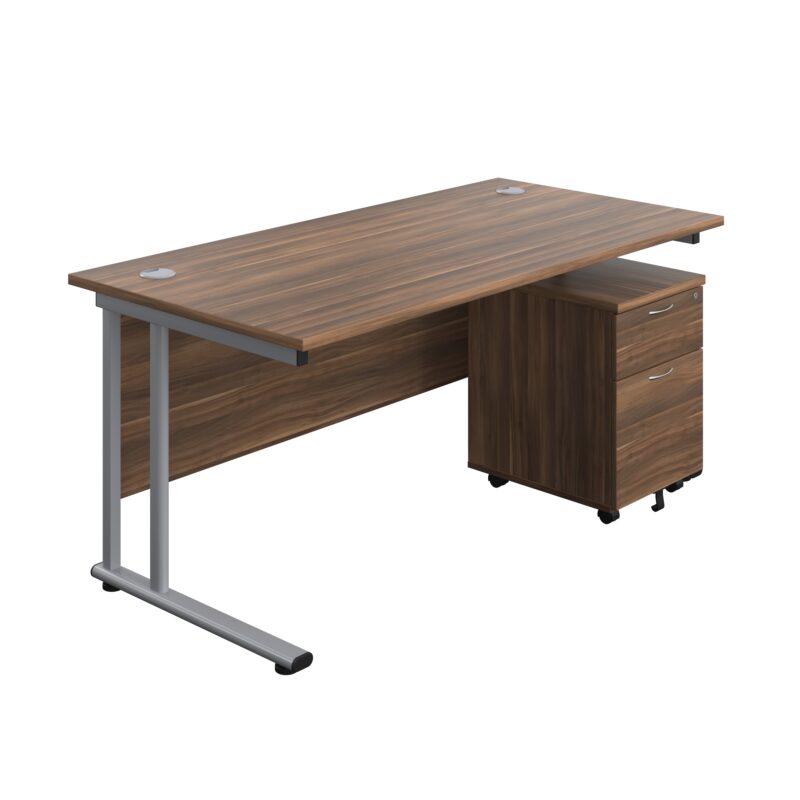 Twin Upright Rectangular Desk + Mobile 2 Drawer Pedestal | 1600X800 | Dark Walnut/Silver