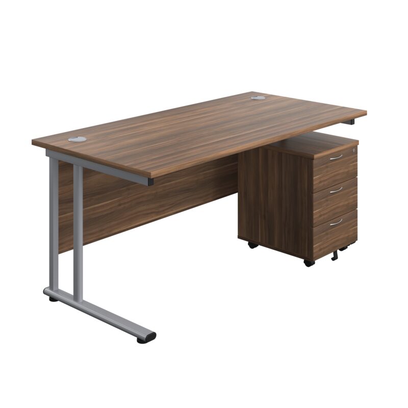 Twin Upright Rectangular Desk + Mobile 3 Drawer Pedestal | 1600X800 | Dark Walnut/Silver