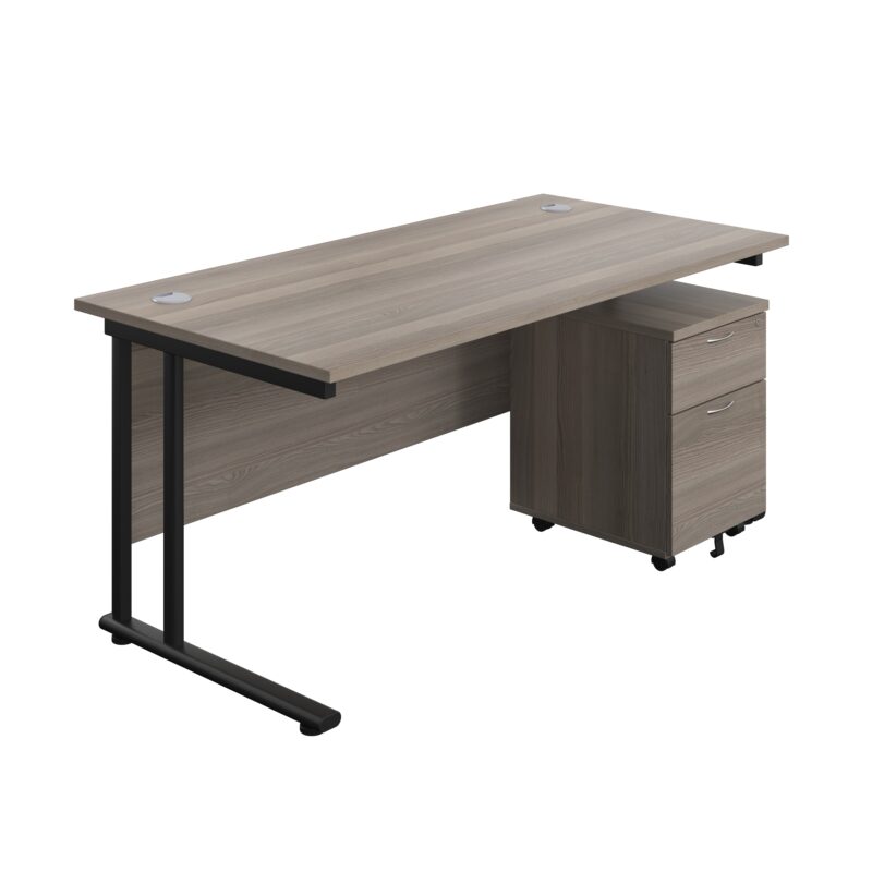 Twin Upright Rectangular Desk + Mobile 2 Drawer Pedestal | 1600X800 | Grey Oak/Black