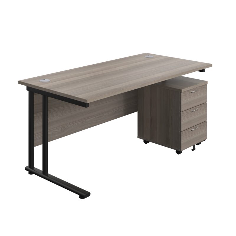 Twin Upright Rectangular Desk + Mobile 3 Drawer Pedestal | 1600X800 | Grey Oak/Black