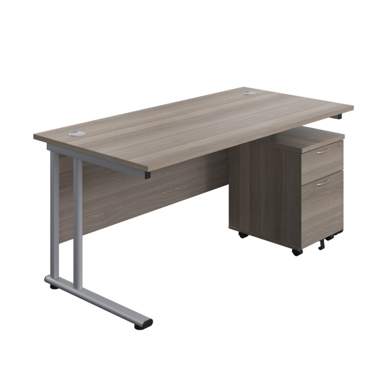 Twin Upright Rectangular Desk + Mobile 2 Drawer Pedestal | 1600X800 | Grey Oak/Silver