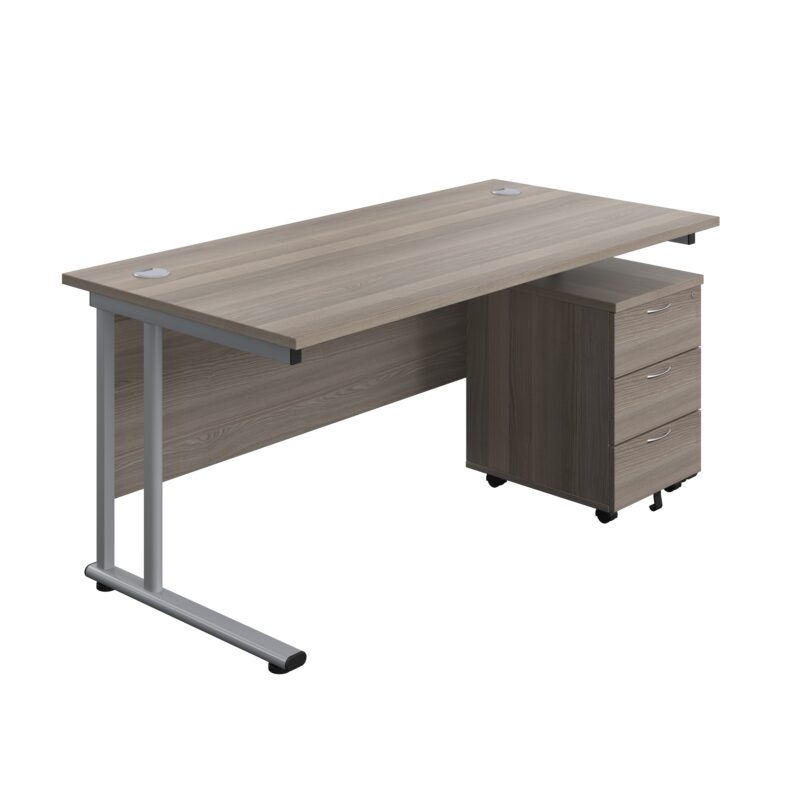 Twin Upright Rectangular Desk + Mobile 3 Drawer Pedestal | 1600X800 | Grey Oak/Silver