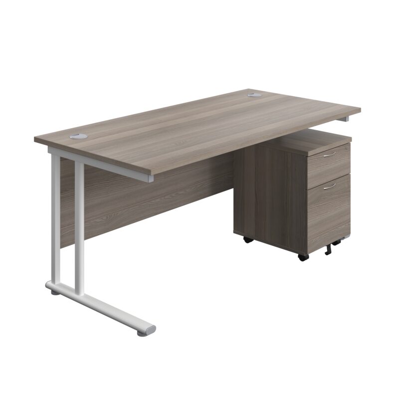 Twin Upright Rectangular Desk + Mobile 2 Drawer Pedestal | 1600X800 | Grey Oak/White