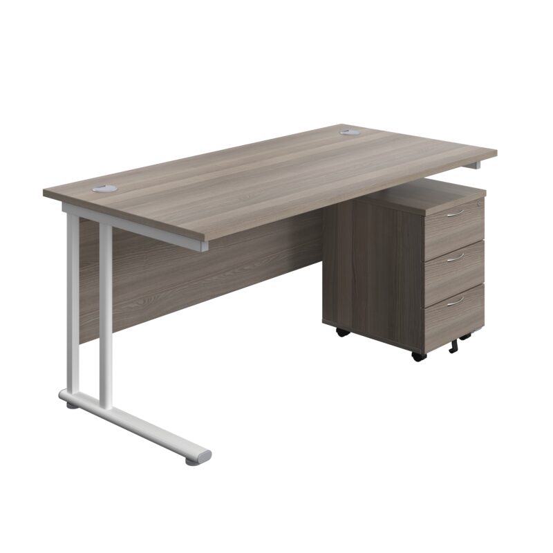 Twin Upright Rectangular Desk + Mobile 3 Drawer Pedestal | 1600X800 | Grey Oak/White