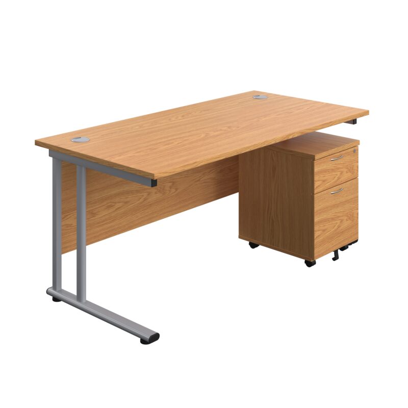 Twin Upright Rectangular Desk + Mobile 2 Drawer Pedestal | 1600X800 | Nova Oak/Silver