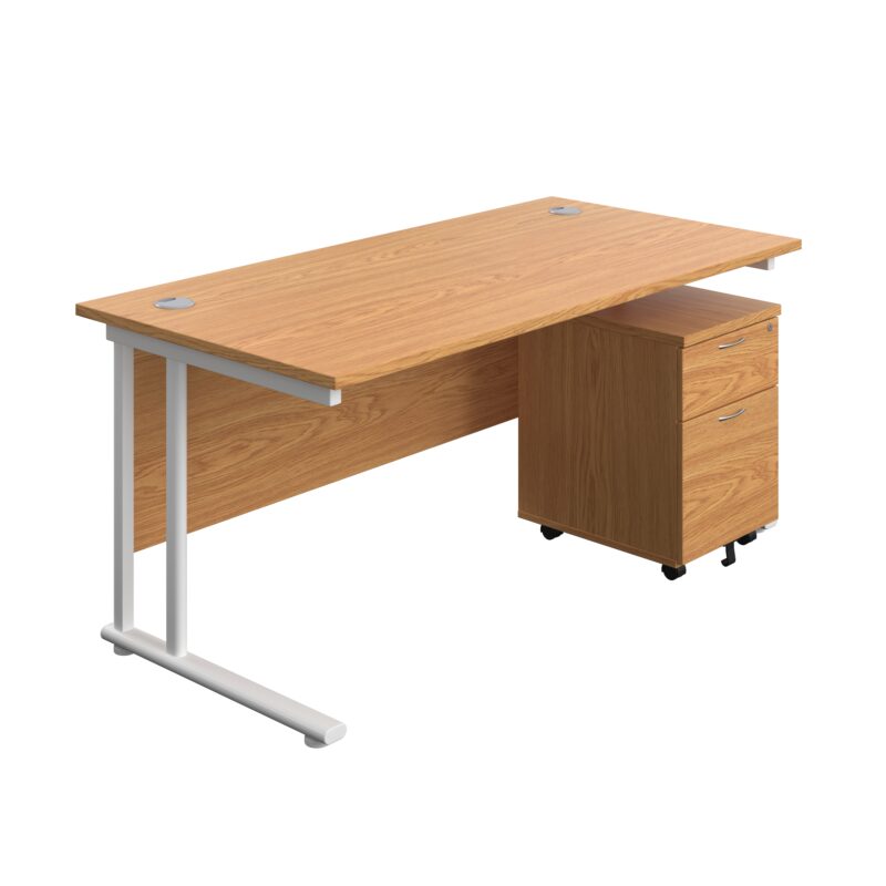 Twin Upright Rectangular Desk + Mobile 2 Drawer Pedestal | 1600X800 | Nova Oak/White