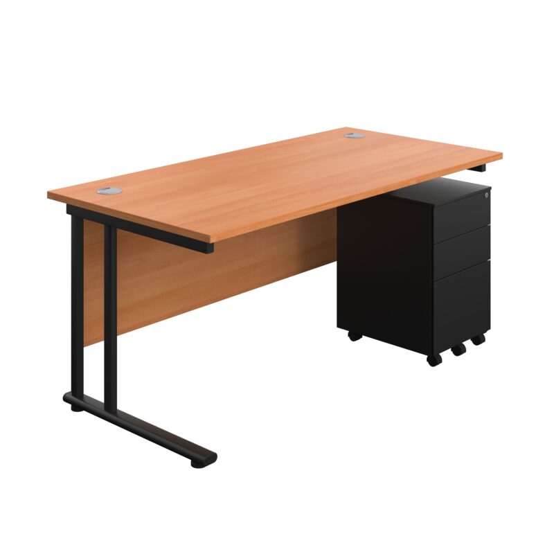 Twin Upright Rectangular Desk + Under Desk Steel Pedestal 3 Drawers | 1600X800 | Beech/Black