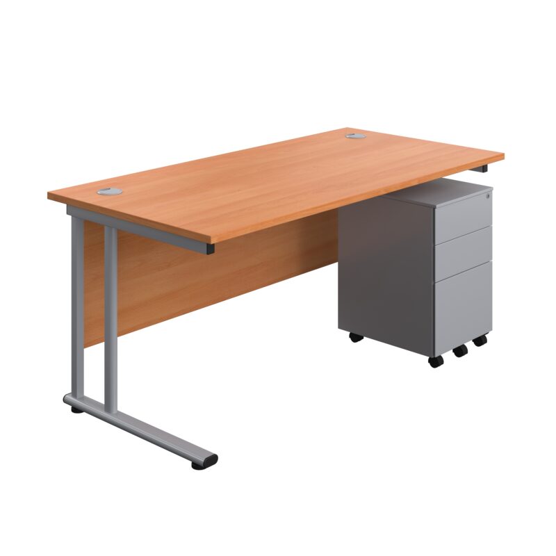 Twin Upright Rectangular Desk + Under Desk Steel Pedestal 3 Drawers | 1600X800 | Beech/Silver