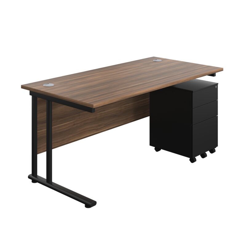 Twin Upright Rectangular Desk + Under Desk Steel Pedestal 3 Drawers | 1600X800 | Dark Walnut/Black