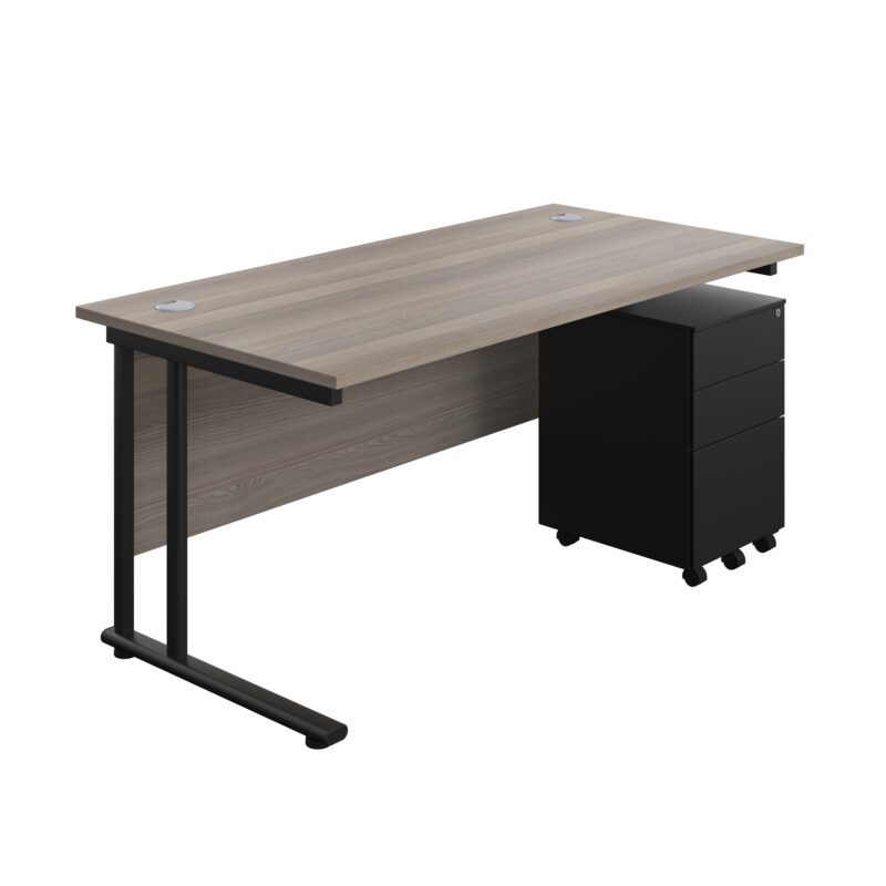 Twin Upright Rectangular Desk + Under Desk Steel Pedestal 3 Drawers | 1600X800 | Grey Oak/Black